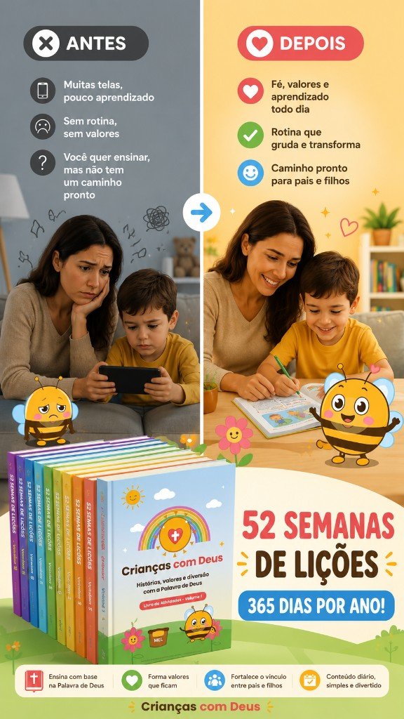 Antes: muitas telas e sem rotina. Depois: fé, valores e aprendizado todo dia com Crianças com Deus — 52 semanas de lições, 365 dias por ano.