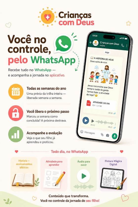 Você no controle, pelo WhatsApp: recebe tudo no WhatsApp e acompanha a jornada no aplicativo — histórias, atividades, áudio e Pintura Mágica Digital